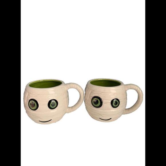 NWT (2) Boston Warehouse 2015 Halloween MUMMY Porcelain Coffee Mug Cup Set New - Picture 1 of 11